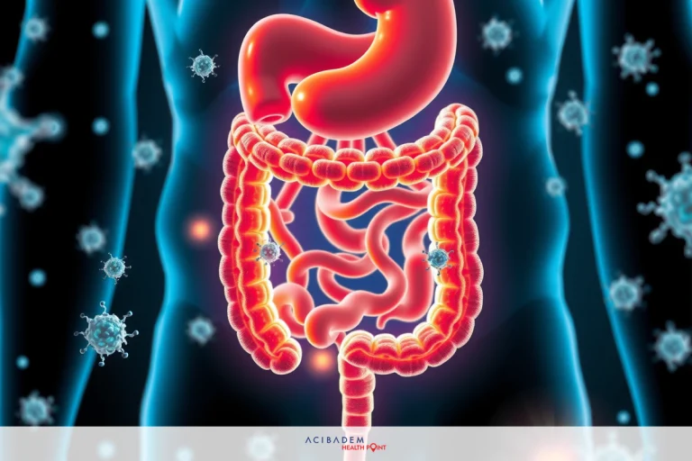 Image depicts a detailed 3D rendering of the human body's internal anatomy, focusing on the digestive system. The background has a microscopic view of bacteria, highlighting the role of microbiota in our bodies.