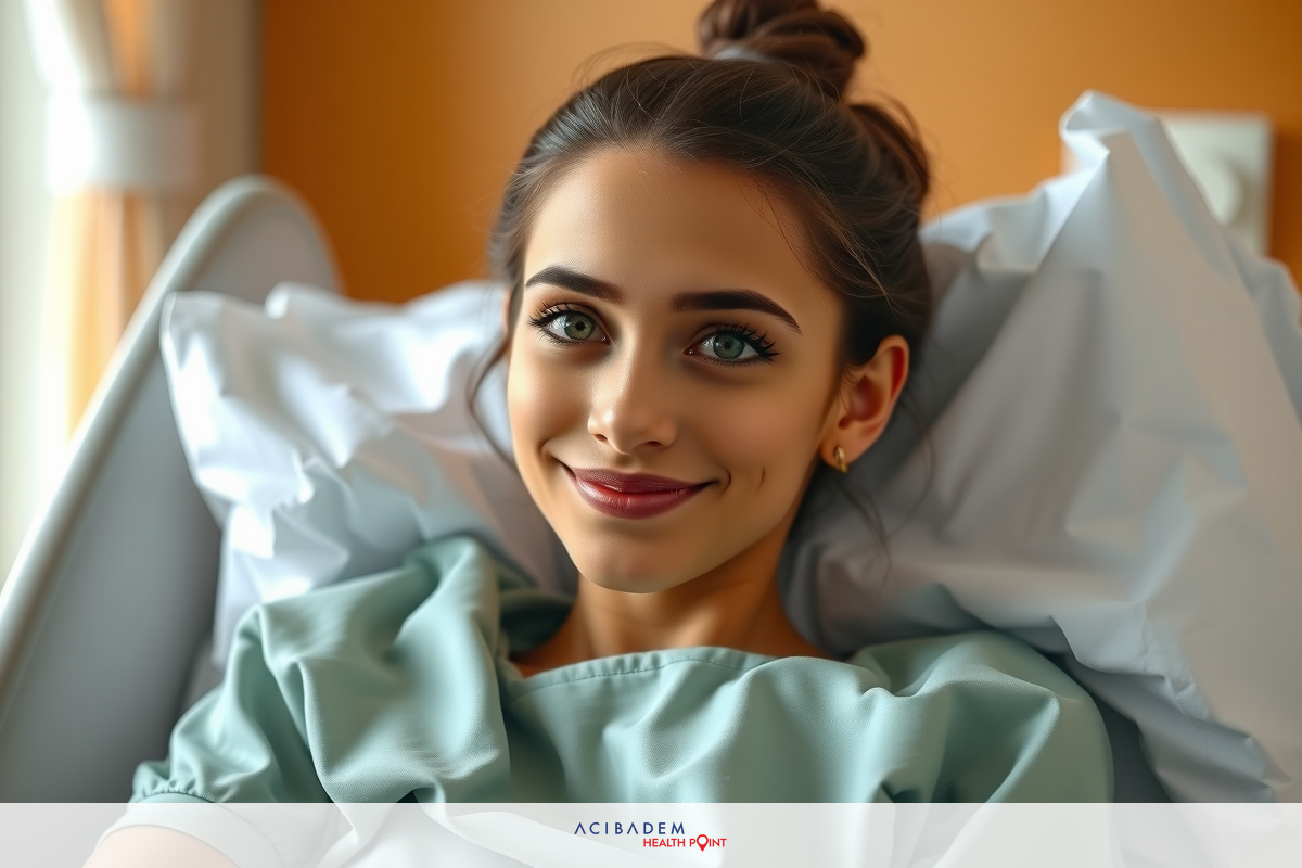 Young woman smiling from hospital bed, wearing medical scrubs. The environment suggests a clinical setting, possibly post-surgery or awaiting treatment.
