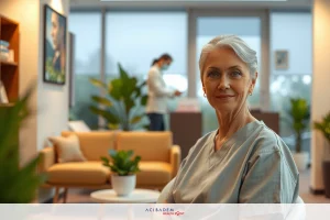 The image features a woman sitting in an office environment. She is wearing a gray jumpsuit and appears to be engaged in a conversation or contemplating something. The room has modern furnishings including a sofa, chairs, a potted plant, and artwork on the wall. There's also a person standing in the background, possibly another employee.