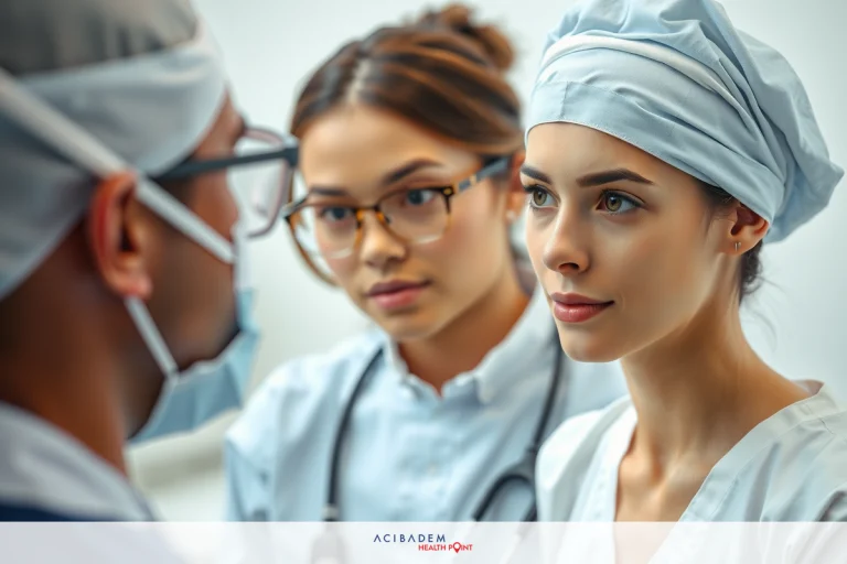 Three surgeons in medical attire preparing for a procedure. A man with white gloves is speaking to two women, all dressed in surgical gowns and face masks.