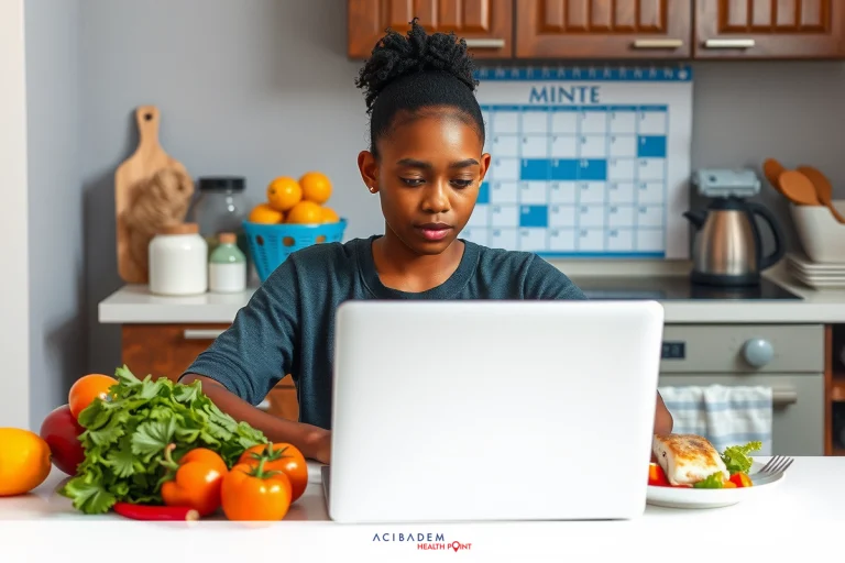 A young woman is seated at a kitchen counter, using a laptop. The counter is cluttered with various fruits and vegetables, indicating preparation for cooking or meal planning. A calendar hangs on the wall, perhaps to track recipes or events.