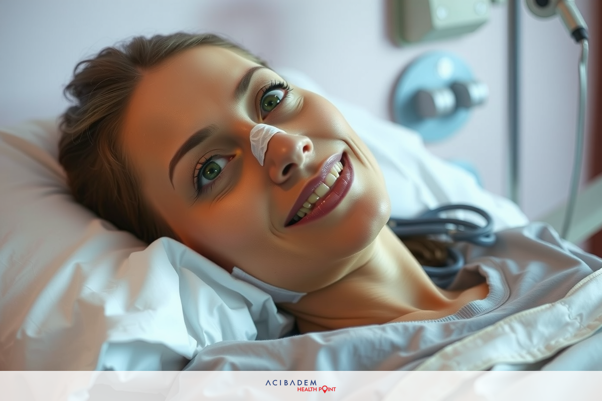 The image depicts a woman lying in a hospital bed. She appears to be smiling and has a bandage on her nose, suggesting she may have undergone some form of medical procedure. The environment is clinical and sterile, typical of a hospital setting.