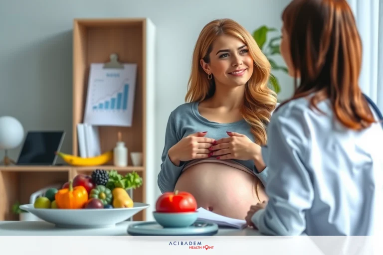 Can You Have a Baby After Bariatric Surgery? The image shows two women, one pregnant and another possibly a healthcare professional. They are in an indoor setting that looks like a clinic or doctor's office with medical posters on the wall. The environment is brightly lit with natural light coming from outside. Both individuals are smiling and appear to be engaged in a friendly, patient-doctor interaction.