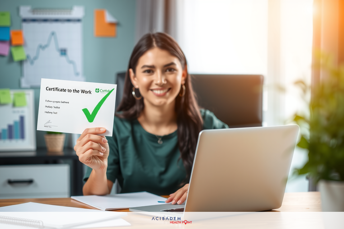 A woman in a professional setting holds up a certificate with a green checkmark, indicating an achievement or completion of work. She is seated at a desk with various papers and digital devices around her.