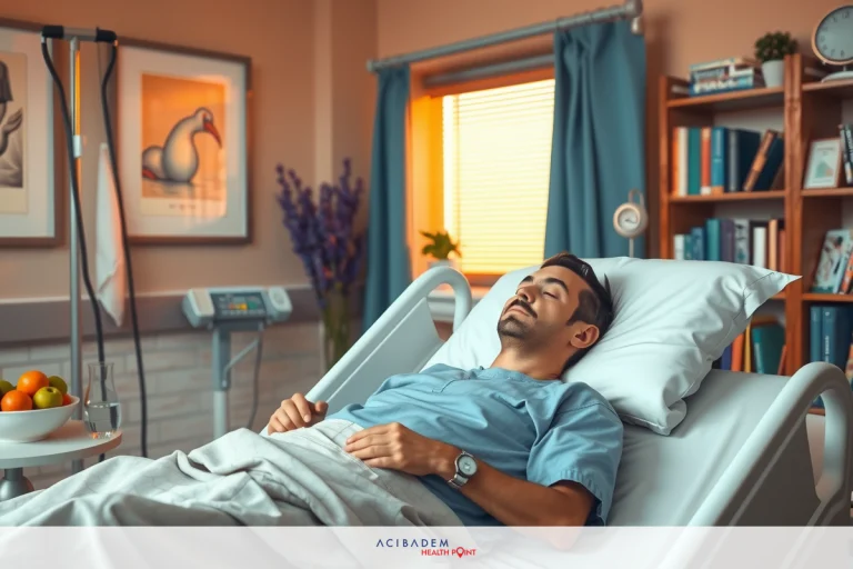The image depicts a man lying in a hospital bed. He appears to be resting. In the background, there are medical equipment like an IV drip and monitoring machines.