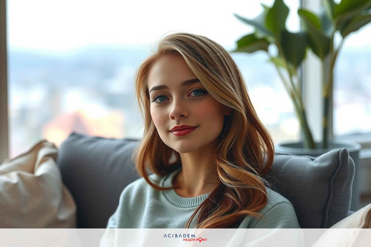 This is a portrait of a woman sitting on a modern couch. She has long, straight hair and a slight smile with light makeup. Her outfit consists of a casual, light blue sweater worn over a lighter top or dress, giving the impression of a casual yet stylish outfit. The room is well-lit with natural light from the windows behind her, suggesting an indoor setting with comfortable furnishings.