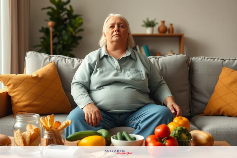 An elderly woman is sitting on a couch with various types of food scattered around her. She has a relaxed posture, suggesting she might be enjoying a leisurely meal at home. The room appears to be comfortably furnished and the colors are soft, indicating a calm and peaceful environment.