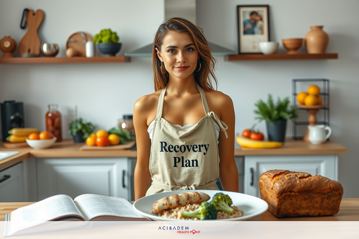 In the image, there's a woman who appears to be in a kitchen environment. She is wearing an apron with 'RECOVERY PLAN' written on it and she seems to be looking directly at the camera. The kitchen counter is cluttered with various cooking ingredients and utensils. There are oranges, bananas, broccoli, and a loaf of bread visible. The background features shelves holding more kitchen items.