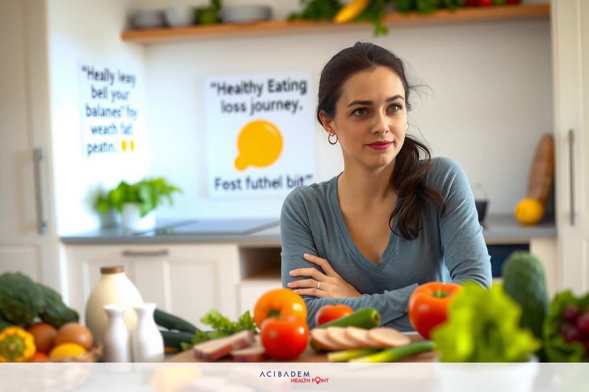 A woman in a kitchen with a variety of fresh vegetables and fruits on the counter in front of her. She is posing for the camera, with a smile on her face. The environment suggests a focus on healthy eating habits.