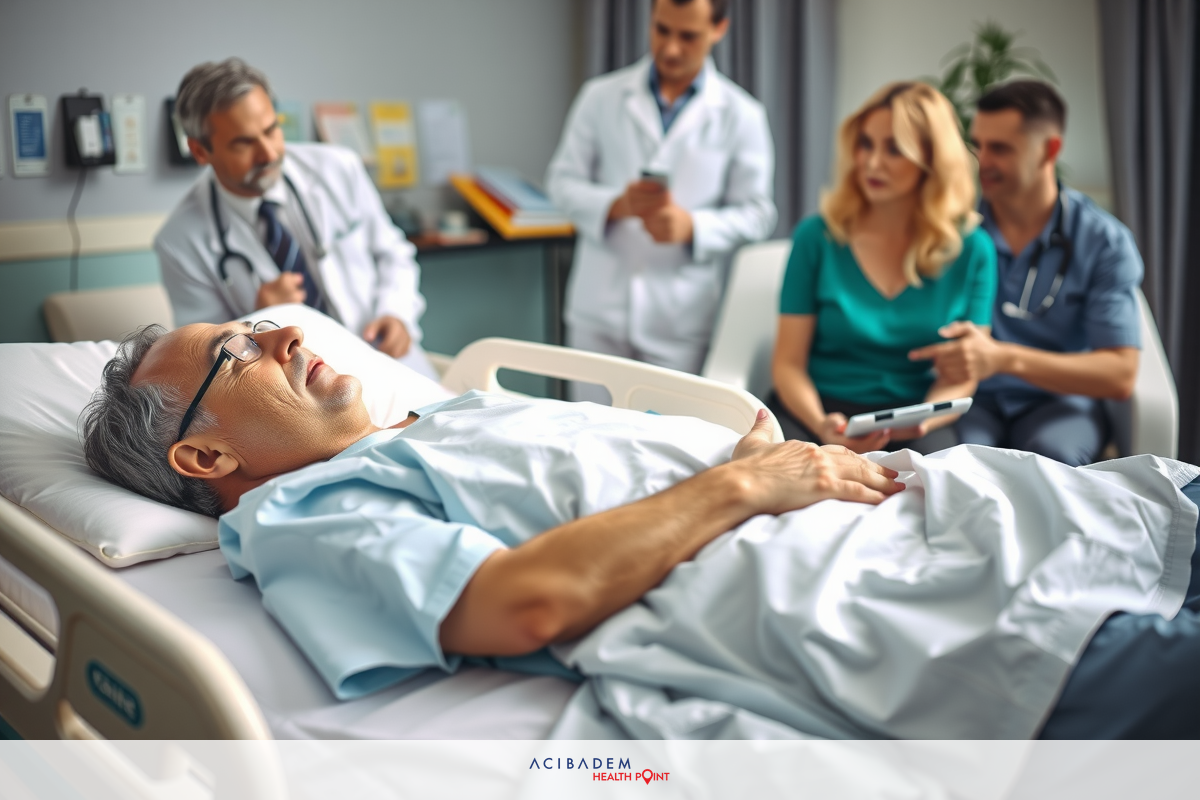 The image shows a hospital scene with medical professionals attending to a patient in a bed. The environment is clinical, with medical staff engaged in their duties. Colors are sterile and typical of healthcare settings: whites for cleanliness, blues for coolness. The context suggests a medical emergency or serious health issue being addressed by the medical team.