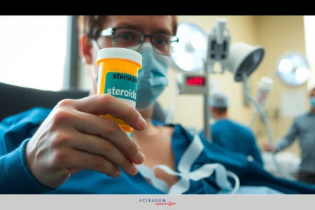 The image depicts a medical setting with a patient. The focus is on the patient's hand holding a pill bottle labeled 'steroids'. The patient has a tube in their mouth and appears to be in an intensive care environment, possibly post-surgery or during critical medical treatment.
