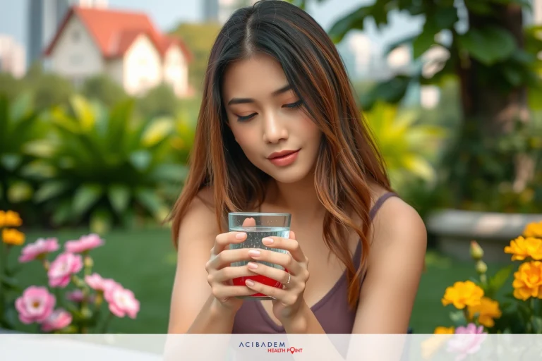 How Much Water Can I Drink After Gastric Sleeve? A woman sitting outdoors at a small table, holding a glass of water. She's wearing a black top and seems to be enjoying her drink while looking down at the glass. The setting appears to be a garden or park with flowers in the background.