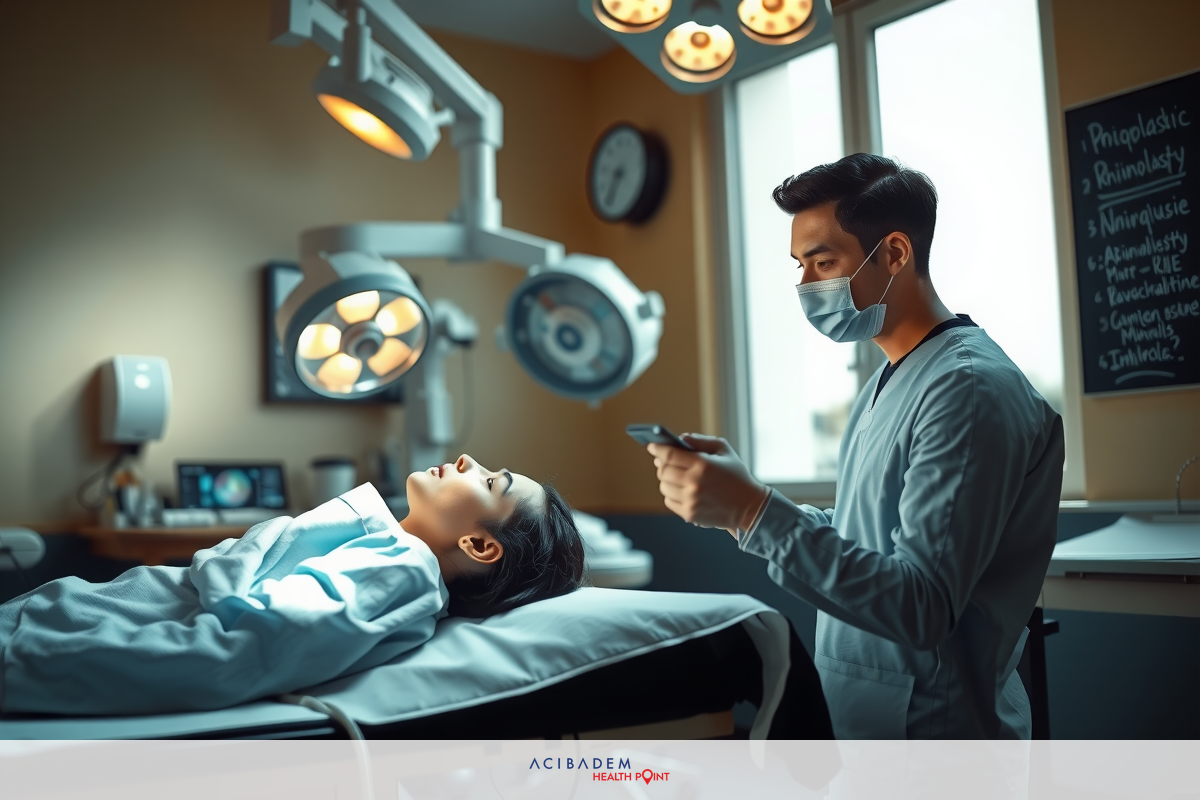 In an operating room setting, a medical professional is performing surgery on a patient. The person being operated on appears relaxed and is being prepped for the procedure. The medical professional wears protective gear indicating hygiene and sterilization. The room is well-equipped with modern medical equipment, including lights focused on the operation area.