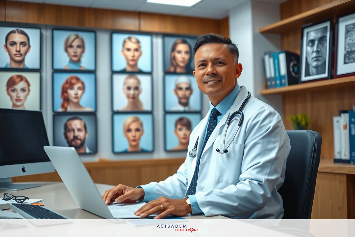 A man, presumably a doctor or medical professional, is seated at his desk in an office setting. He's wearing a white coat which signifies his profession, and he appears to be engaged with a computer screen or laptop.