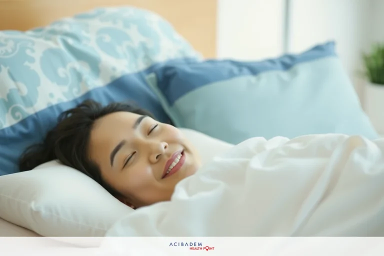 How to Sleep Comfortably After Rhinoplasty A woman in a cozy bedroom, with her eyes closed and a slight smile, conveying relaxation or possibly dreaming. The room has soft lighting and blue accents.