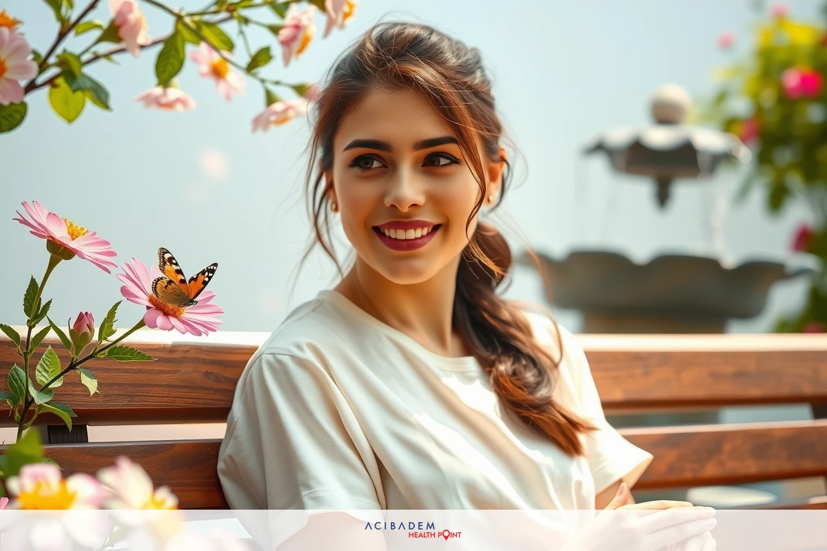 The image shows a smiling woman seated on a bench, engaging with her surroundings. She is wearing a white top and has her hair tied back in a ponytail. The setting appears to be outdoors in a garden area with blooming flowers in the foreground. Her attire suggests casual, leisurely activity. The overall mood of the image is cheerful and relaxed.