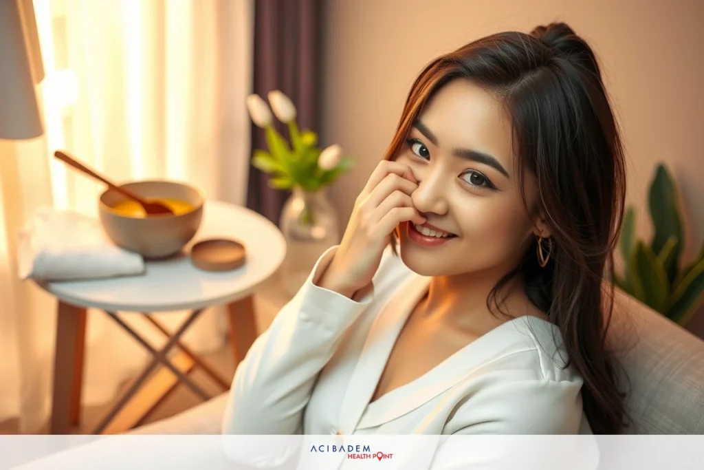 Is it Okay That I Pulled My Hair After Rhinoplasty? The image features a young woman sitting on a couch in a cozy setting. She is smiling and appears to be enjoying her time. On the table nearby, there's a bowl that could suggest food or drinks, adding to the warm and comfortable atmosphere of the scene.