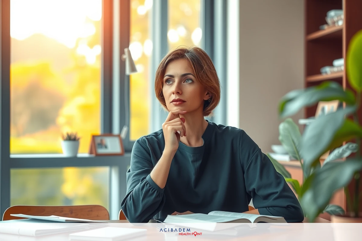 The image features a woman seated at an office desk, engrossed in thought with her hand on her chin. She is wearing a dark top and appears to be reading or contemplating documents in front of her. The environment suggests a professional setting, possibly an office or study space.