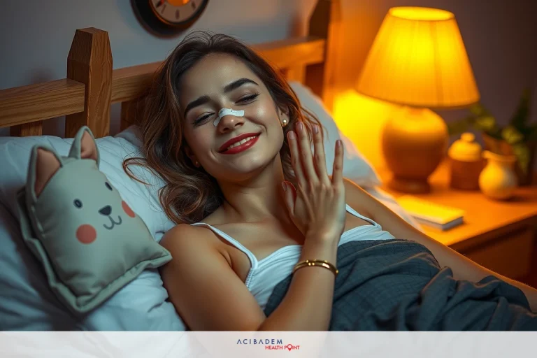 Is Laughing Bad After Rhinoplasty A woman lying in bed, smiling and holding her face. The room is dimly lit with a nightstand featuring a lamp and decorative items.