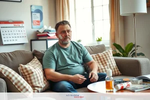 Man in casual clothing sitting on a couch with his legs crossed. A coffee table is nearby with various items on it. The room has neutral colors and modern furnishings.