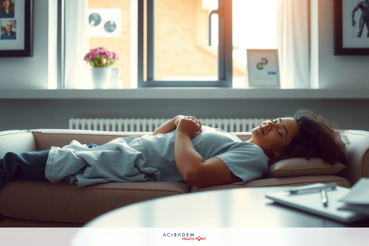A person is lying down on a couch, looking at the ceiling with their head propped up. They are wearing a gray t-shirt and have their hands clasped together under their chin. The room appears to be a living space with natural light coming in from a window beside them.
