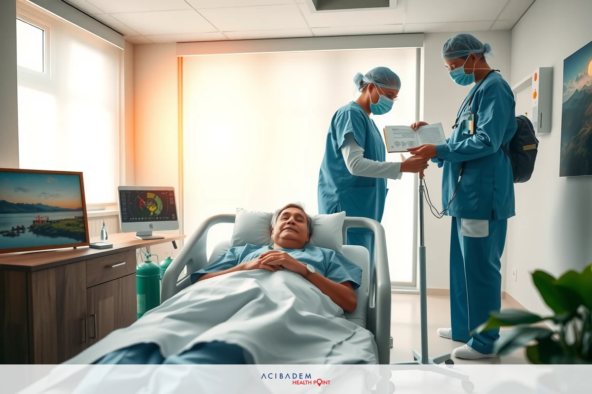 Two medical professionals in a modern hospital room. They are dressed in blue scrubs and surgical masks, attending to an adult male patient who is lying on a stretcher. The room has bright windows illuminating the scene with natural light.