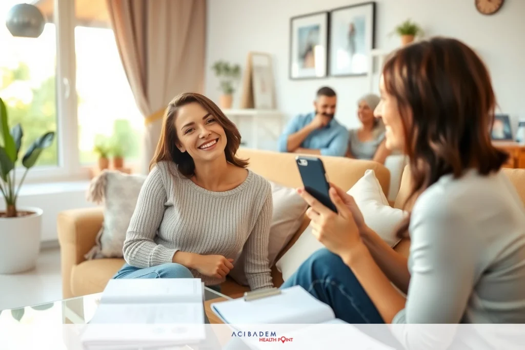 Friendly gathering of four people in a cozy living room, with coffee table and books. Two women are laughing at a shared story on a cell phone. The scene conveys a sense of warmth and camaraderie.