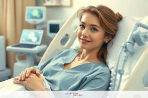 The image features a woman lying down in a hospital bed, smiling at the camera. The room has medical equipment visible around her, suggesting she is undergoing some form of medical treatment or examination.