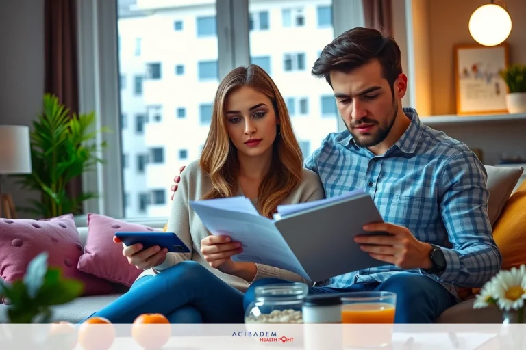Should I Save Up Before Consultation Rhinoplasty A modern living room scene with a couple sitting on a couch, each holding and looking at printed materials. They are engaged in the content of their documents, suggesting they might be reviewing important paperwork or reading for leisure.