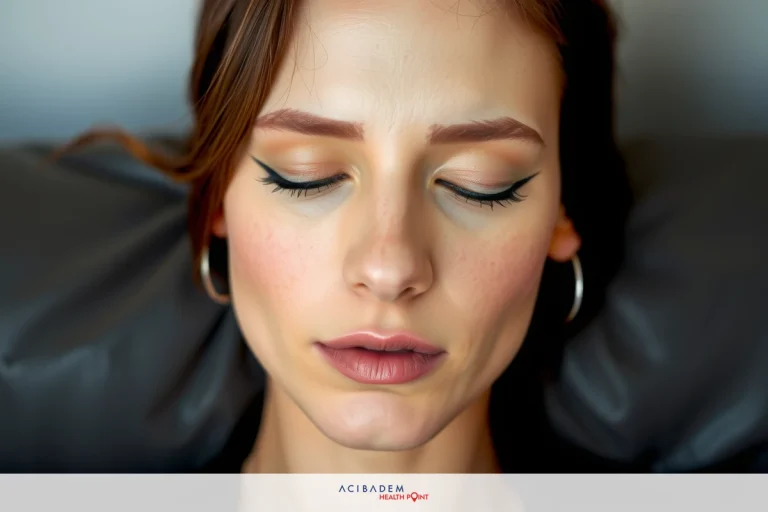 The image shows a close-up of a woman with her eyes closed, appearing to be in a meditative or relaxed state. Her skin has a natural glow and she has light makeup on her eyes and lips. The background is softly blurred but suggests an indoor setting that could be a spa or wellness center.