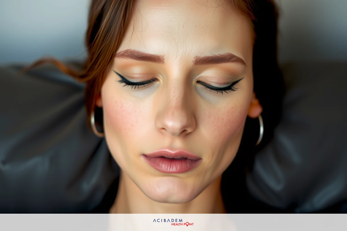 The image shows a close-up of a woman with her eyes closed, appearing to be in a meditative or relaxed state. Her skin has a natural glow and she has light makeup on her eyes and lips. The background is softly blurred but suggests an indoor setting that could be a spa or wellness center.