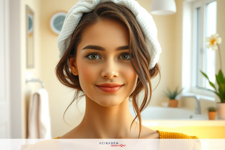 A young woman with a subtle smile, wearing a beige headscarf and yellow sweater, set in a well-lit kitchen environment.