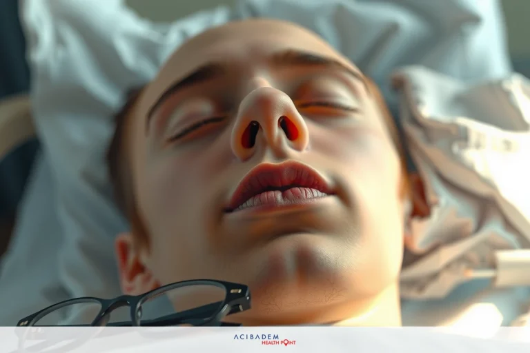 The image shows a person lying in a hospital bed, with their head resting on the pillow. The individual appears to be asleep or unconscious, based on the relaxed and closed posture of their mouth and eyelids. The room has a clinical and sterile environment, common for hospital settings.