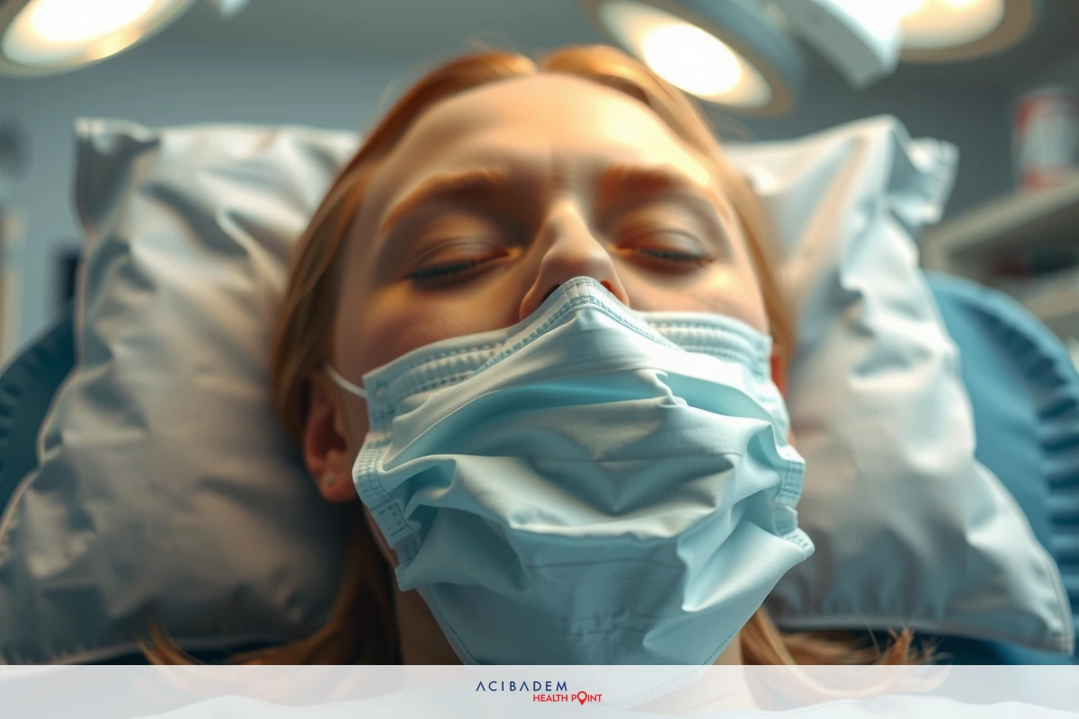 A woman in a hospital bed with medical equipment. She is wearing a surgical mask and has her eyes closed.