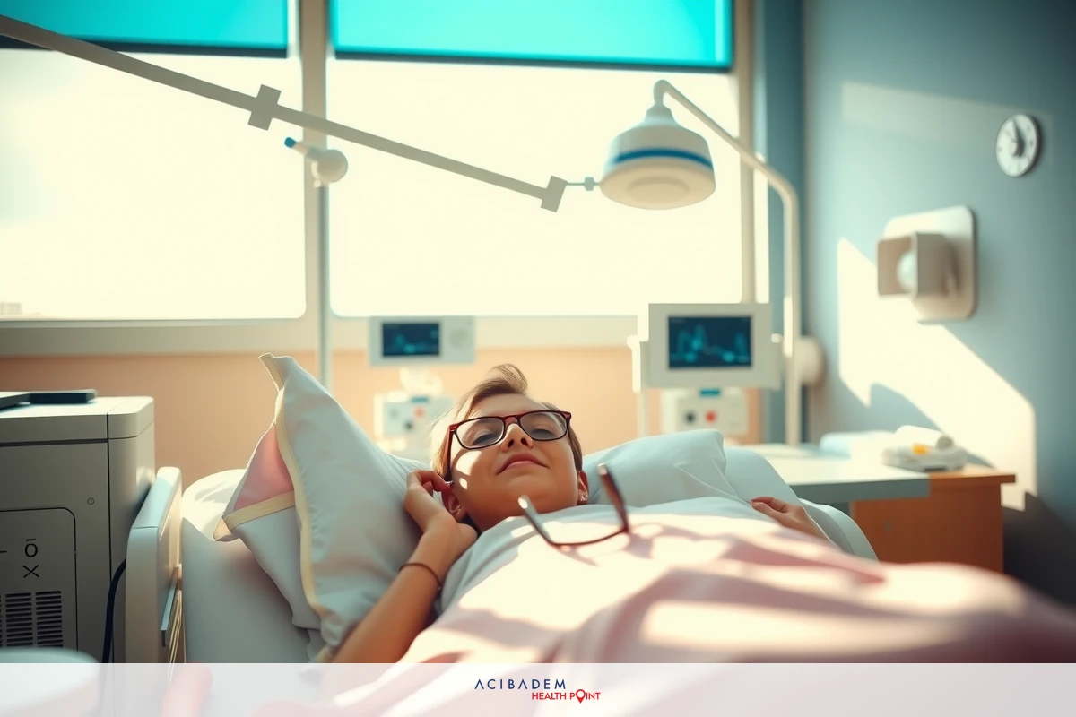 When Can I Wear Reading Glasses After Rhinoplasty? 1 In a modern hospital room, a woman is lying on a bed. She has a smile on her face and seems to be in good spirits. The room is equipped with medical equipment including monitors, and there's sunlight coming through the window indicating it might be daytime.