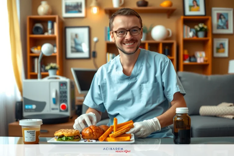 When Can You Eat Normally After Rhinoplasty An image of a man wearing a surgical gown and glasses, who appears to be smiling or laughing. He is holding a plate with food on it. There's a desk in front of him with items on it, including what looks like books, and bottles.