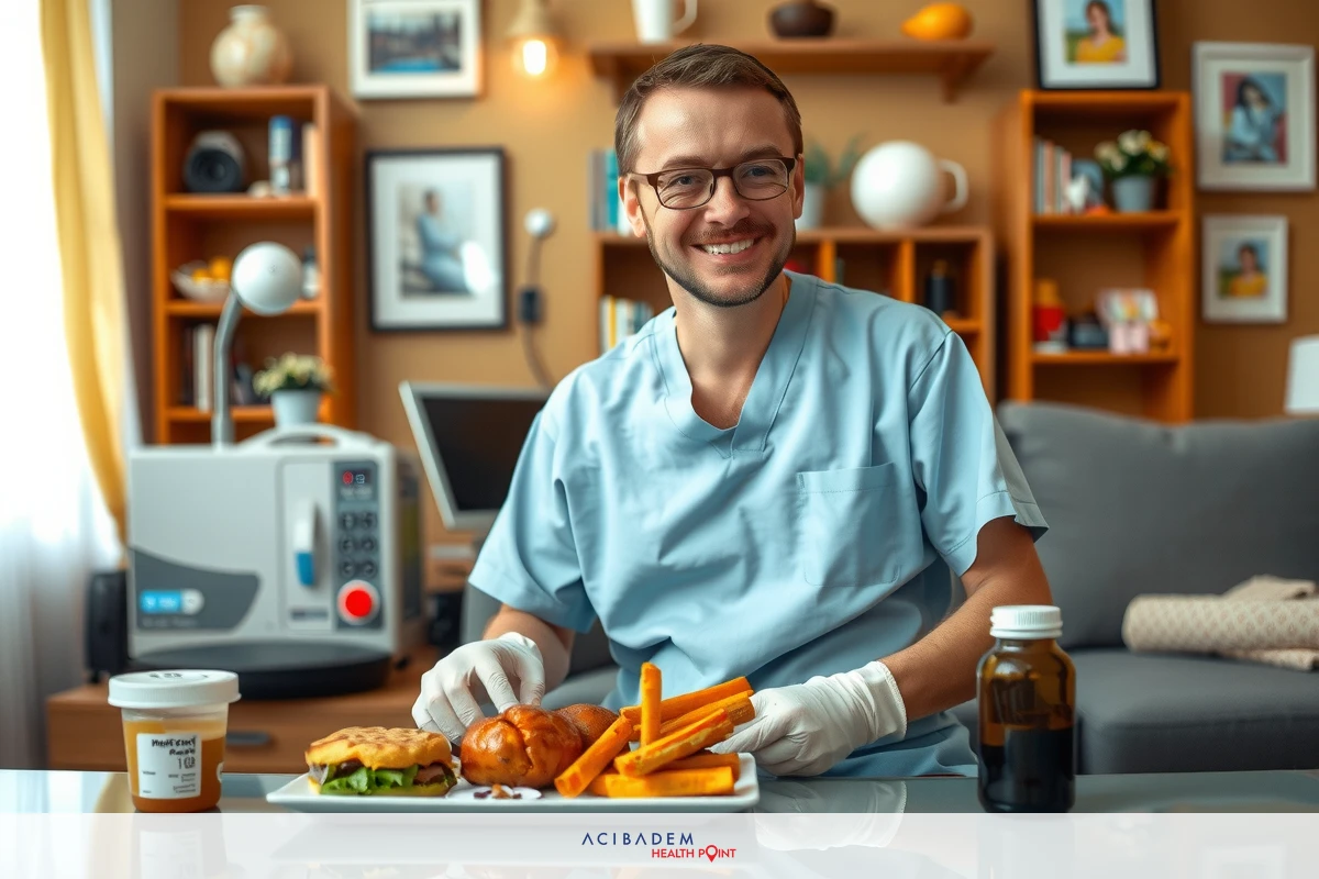 An image of a man wearing a surgical gown and glasses, who appears to be smiling or laughing. He is holding a plate with food on it. There's a desk in front of him with items on it, including what looks like books, and bottles.