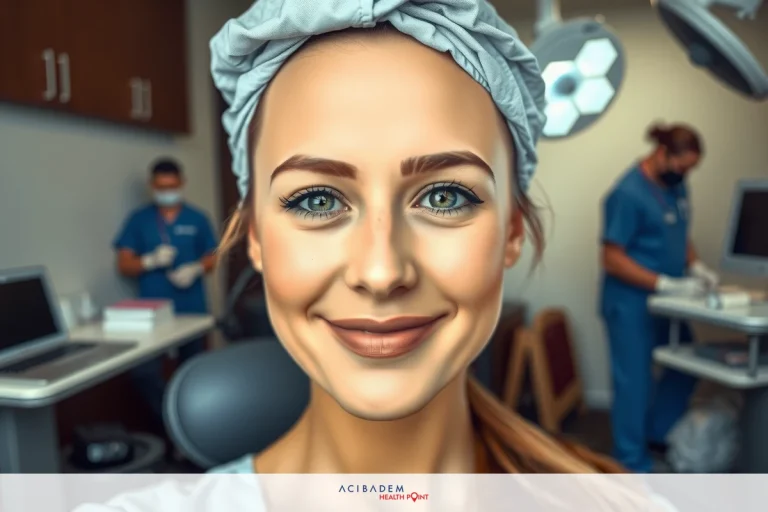 When Can You Get Revision Rhinoplasty A woman is sitting in a hospital chair and smiling at the camera. In the background, two doctors or nurses are seen, presumably preparing for an operation. The surrounding medical equipment indicates that the setting will be a hospital.
