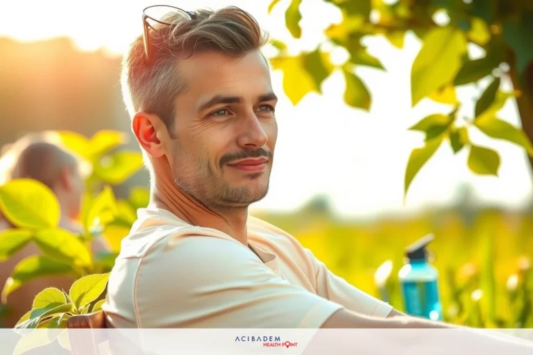 The image features a man sitting outdoors on what appears to be a sunny day. He is wearing a light-colored shirt and has short, dark hair. His posture suggests relaxation or contemplation. The background includes lush greenery and trees, indicating an outdoor setting, possibly near orchards or a park.