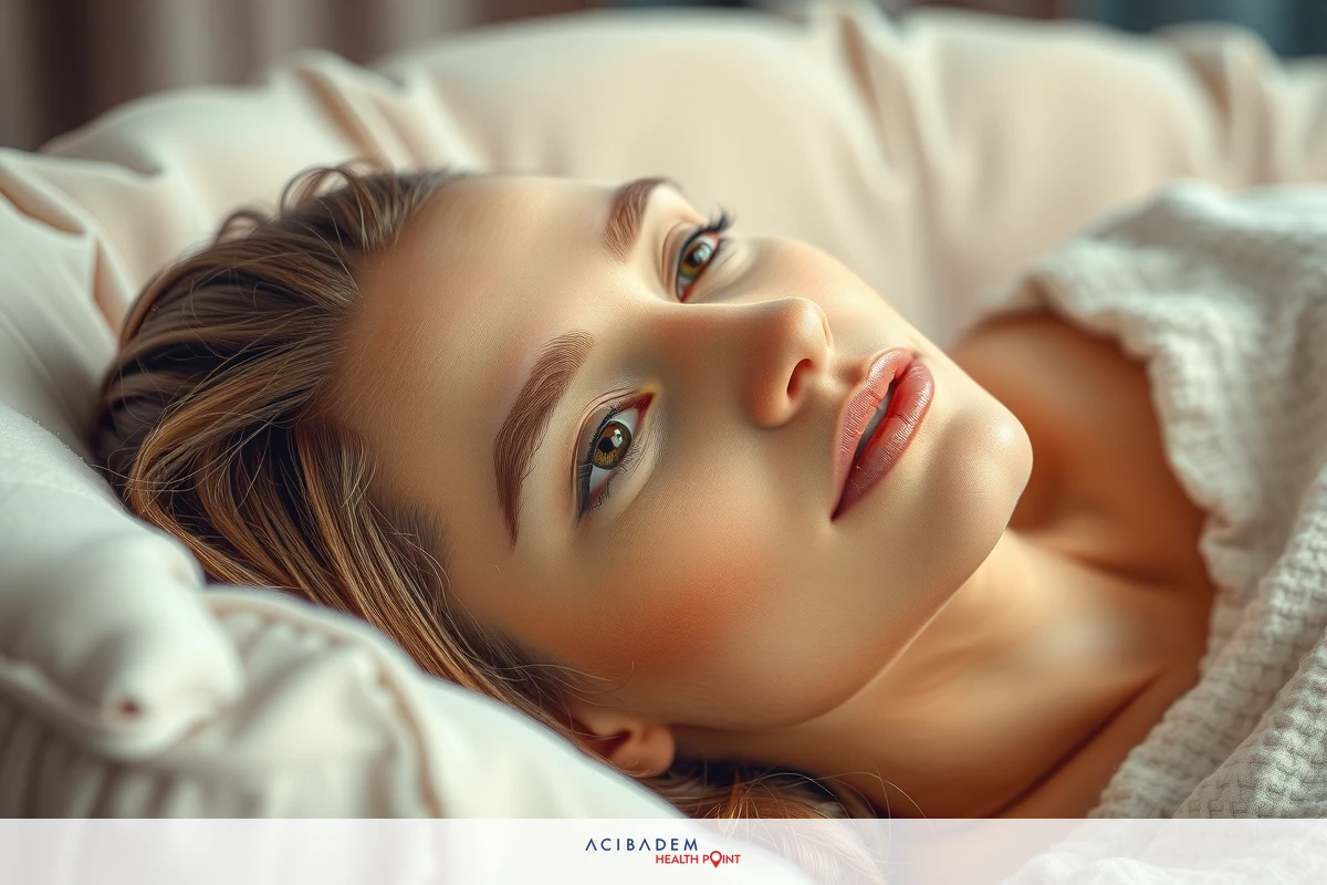 A young woman lying in bed with her eyes opened, a relaxed expression on her face. The bedding is soft and neutral colored, creating a peaceful and calming environment.