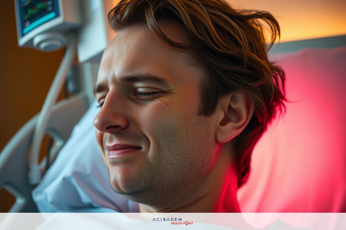A man is lying in a hospital bed, wearing medical equipment and with wires attached to him. He has a slight grimace on his face, suggesting some discomfort or pain. The room has a red light source which could be indicative of medical monitoring equipment.