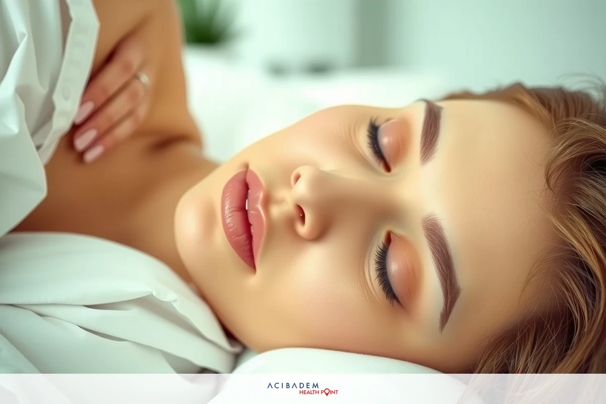 The image shows a woman lying in bed, possibly asleep or resting. Her facial features are prominent, highlighted by her makeup and the camera angle. The focus is on her face, and she appears relaxed.