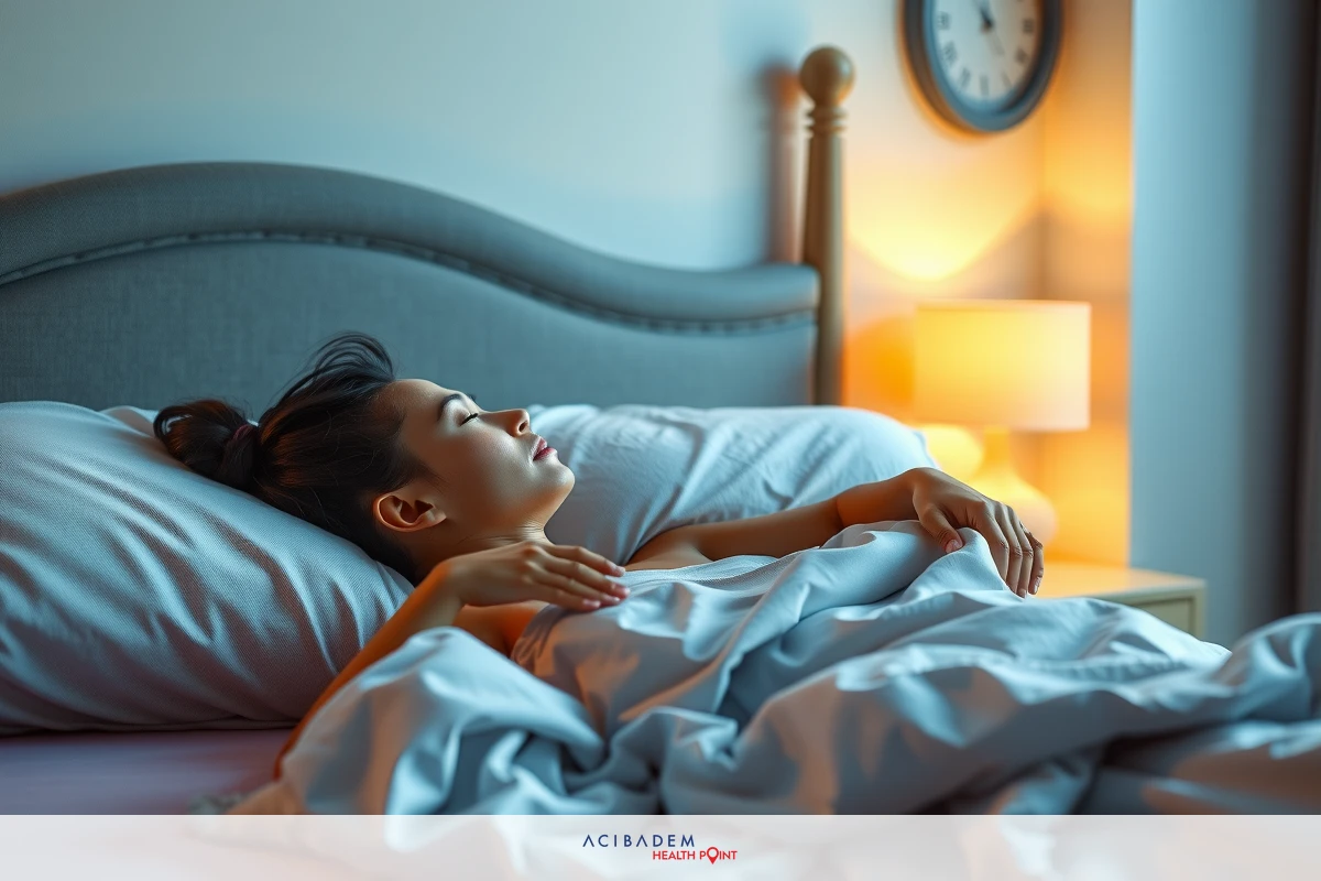 This is an image of a woman lying in bed, appearing to be asleep. She has dark hair. The room is dimly lit with soft lighting.