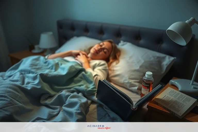 When Can You Sleep Normal After Rhinoplasty? Woman resting in bed, surrounded by books and a bottle of pills. She has light hair and is lying down on the pillows. The room is darkened.