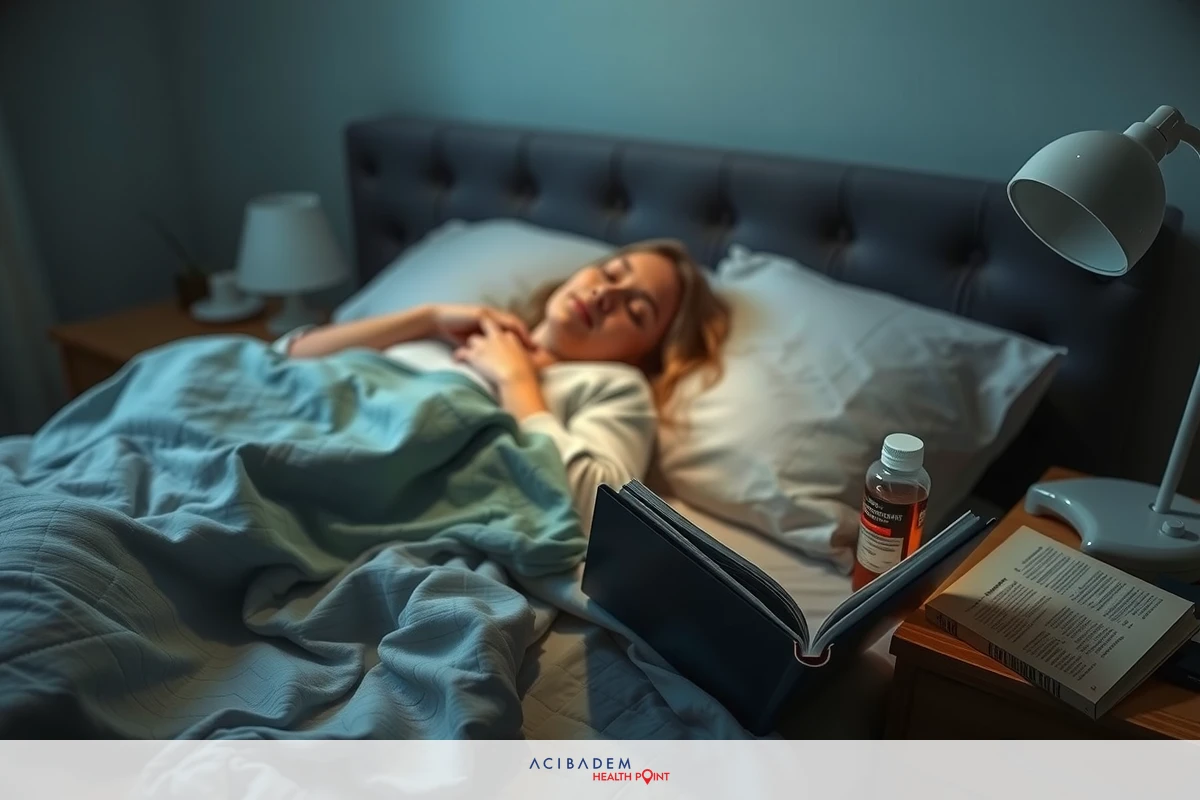 Woman resting in bed, surrounded by books and a bottle of pills. She has light hair and is lying down on the pillows. The room is darkened.