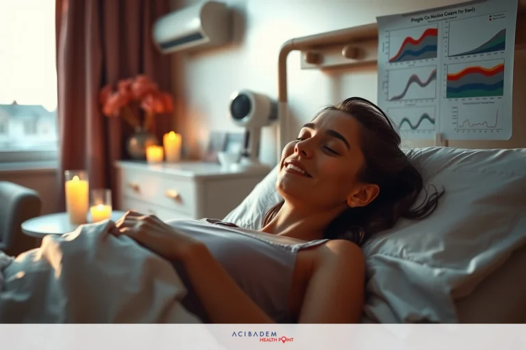 Woman in hospital bed, smiling; warm lighting creates cozy atmosphere; medical posters on wall suggest a clinical setting.