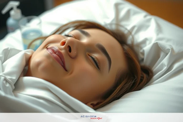 A young woman lies in a hospital bed, smiling with her eyes closed. She has facial makeup. The environment suggests she is being cared for in a healthcare setting.