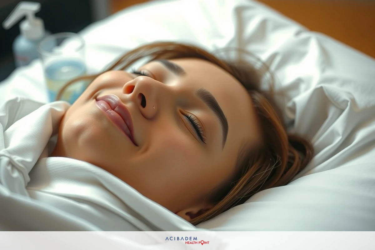 A young woman lies in a hospital bed, smiling with her eyes closed. She has facial makeup. The environment suggests she is being cared for in a healthcare setting.