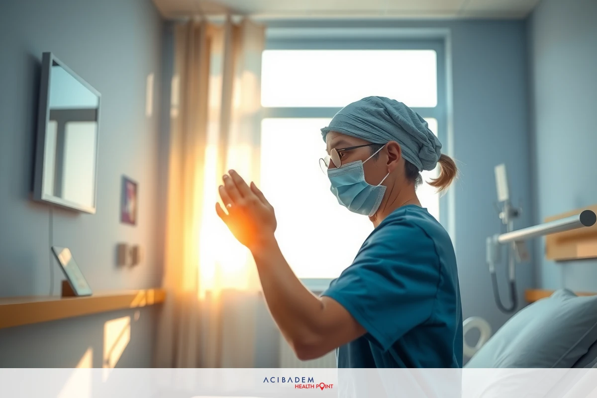 Medical professional in a blue medical uniform standing at the foot of a hospital bed, wearing surgical goggles and face mask. The room has a bright window with sunlight filtering in, creating warm lighting. The person is possibly gesturing with their hands during a consultation or briefing.