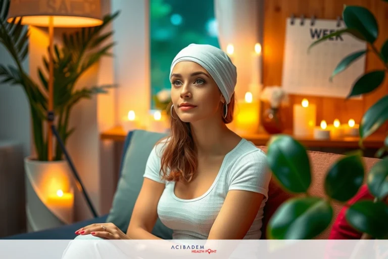 A woman in a white top with her hand on her chin, sitting in a dimly lit room with candles burning. The setting appears cozy and contemplative.